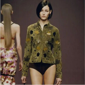 PRADA FW 1999 Green SUEDE LEATHER JACKET WITH LEAVES HAND SEWN SIZE 40 WOMEN